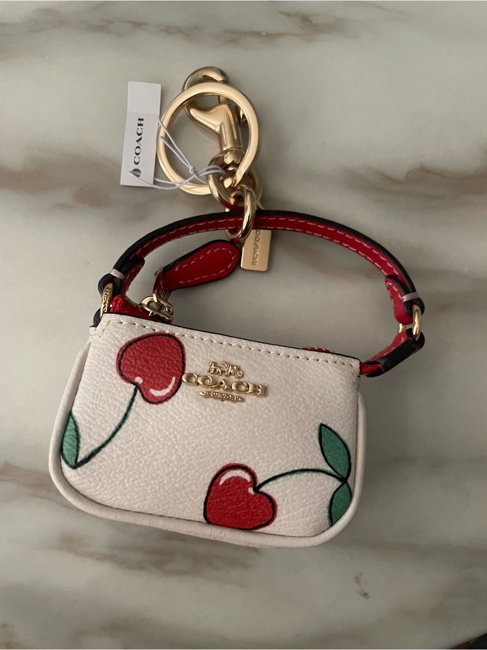 Coach Cherry Print Mini Bag Charm - White/Red